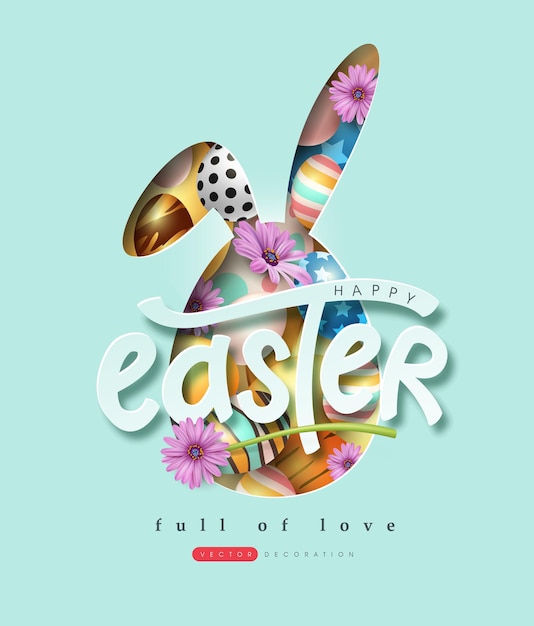 Vector happy easter banner background. rabbit or bunny shape with colorful eggs and flower.