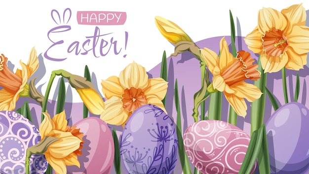 Happy Easter Banner Design with Colorful Easter Eggs and yellow daffodils Vector Background for Cards Posters Advertising