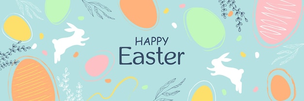 Happy Easter banner Easter design in pastel colors with hand drawn leaves eggs and bunnies