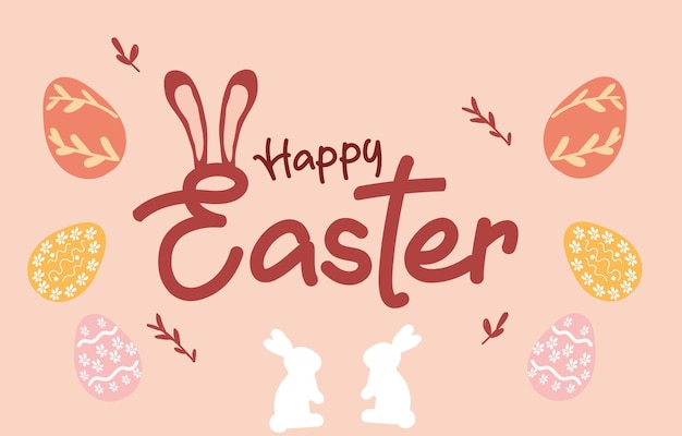 Happy easter banner, poster, greeting card. trendy easter design with typography, bunnies, flowers,