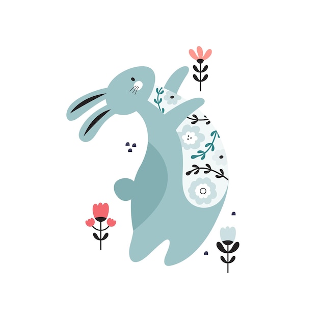 Happy easter banner schattig konijn met bloem cartoon karakter grappige haas bunny in pastelkleuren