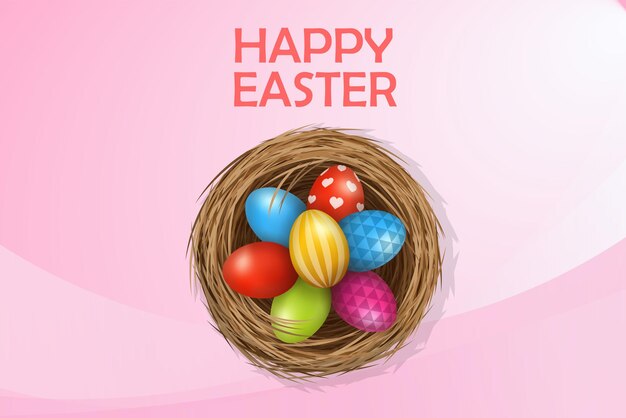 Happy Easter banner template with color eggs on abstract background