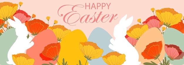 Happy Easter banner Trendy and bright Easter design with eggs easter bunny and spring flowers