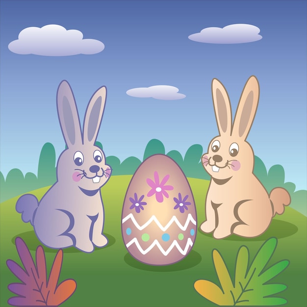 Happy Easter banner. Trendy Easter design with bunnies and eggs in pastel colors