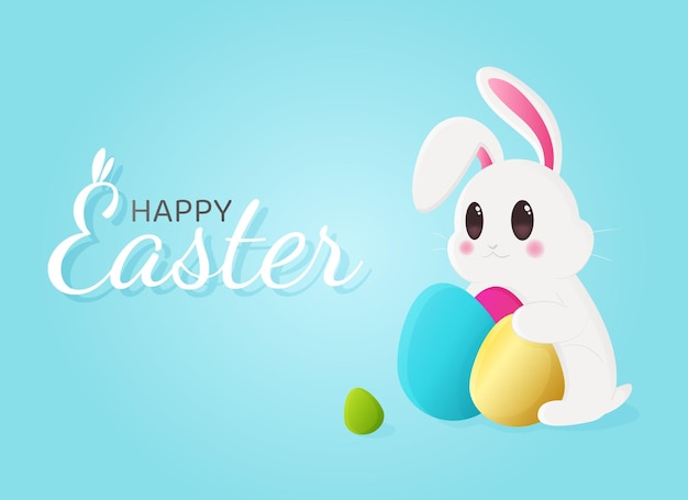 Happy Easter banner Trendy Easter design with cute bunny typography and eggs on blue backdrop