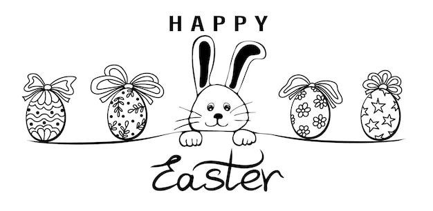 Счастливый пасхальный баннер Модный пасхальный дизайн с типографикой, нарисованной вручную забавным кроликом и яйцами