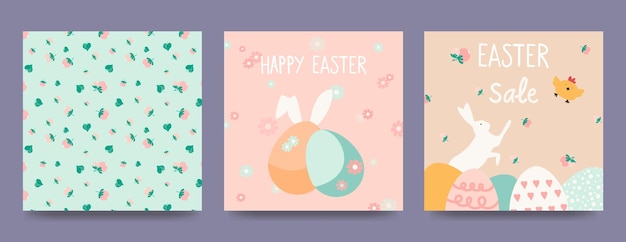 Happy Easter banner Trendy Easter design with typography hand drawn strokes and eggs bunny ears chick in pastel colors Floral pattern Vector