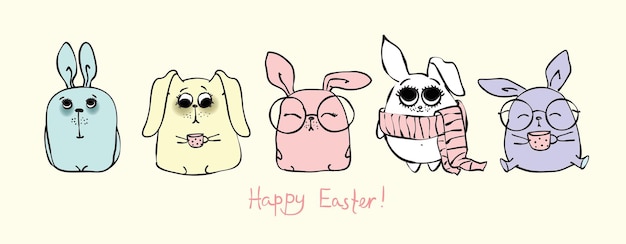 Happy Easter banner Trendy Easter design with typography hand painted strokes and dots eggs and bunny in pastel colors Modern minimal style Horizontal poster greeting card header for website