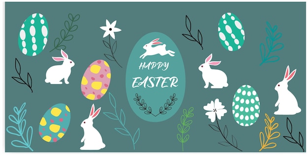 Happy Easter banner Trendy Pasen-ontwerp met typografie handbeschilderde lijnen stippen en eieren