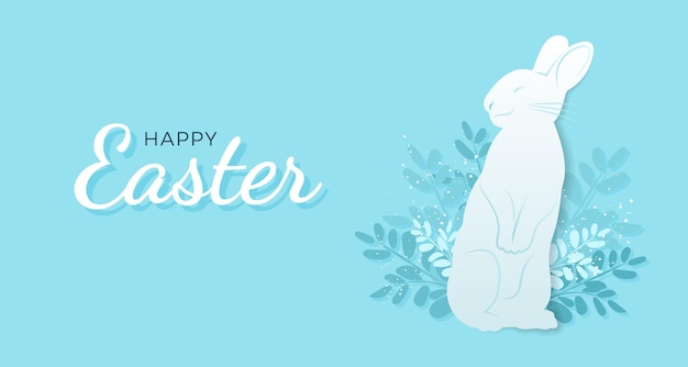 Happy Easter banner with bunny herbs and typography on blue backdrop Holiday concept design