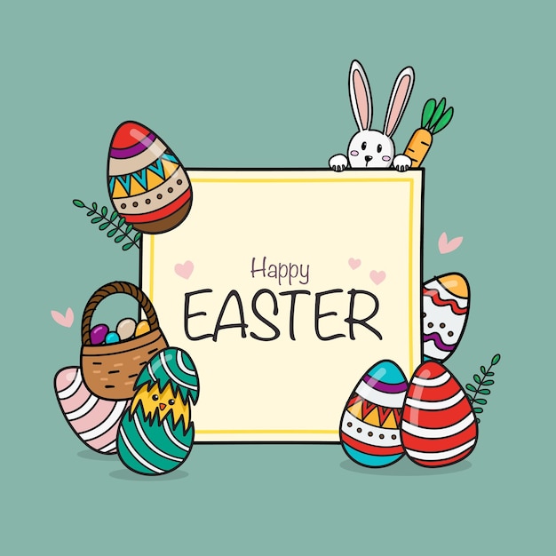 Un banner di buona pasqua con un coniglietto e uova in stile doodle