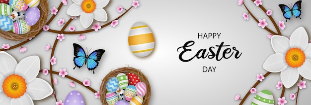 Happy easter banner with colorful eggs butterflies and flowers