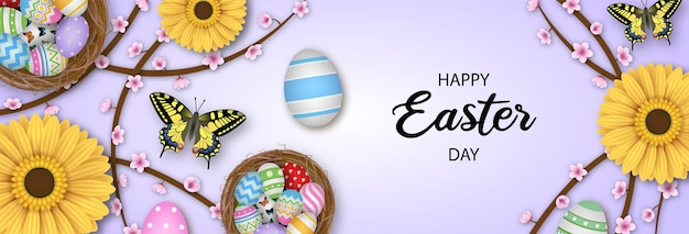 Happy easter banner with colorful eggs, butterflies and flowers