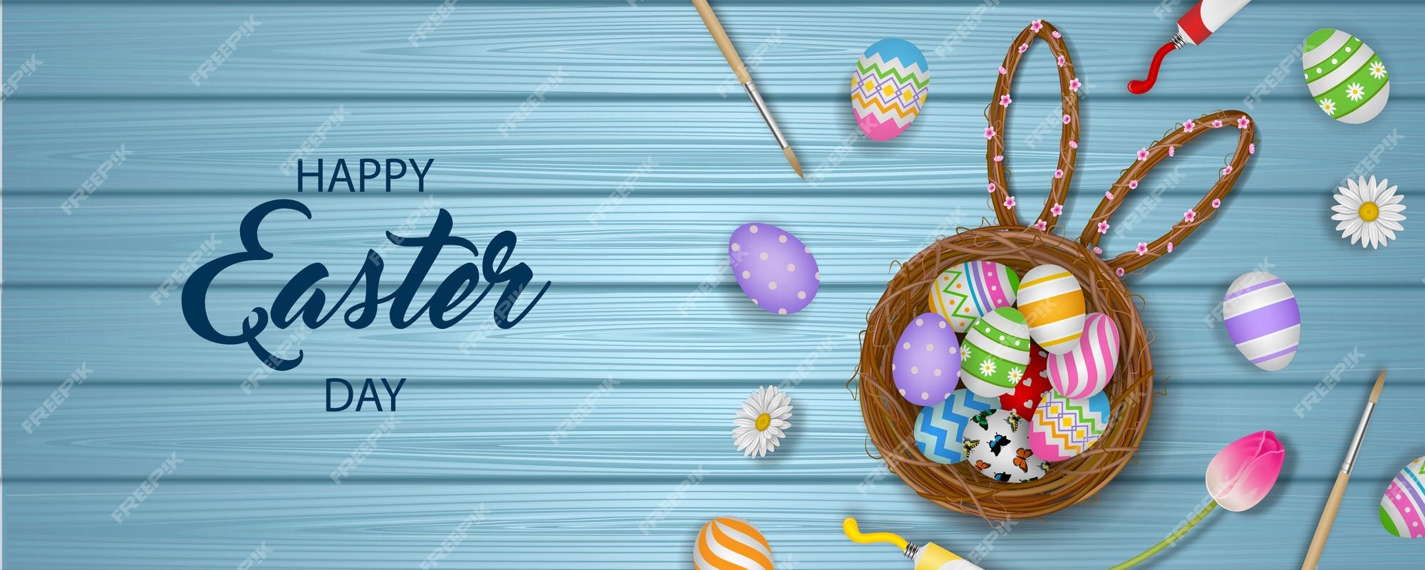 Premium Vector | Happy easter banner with colorful eggs flowers ...