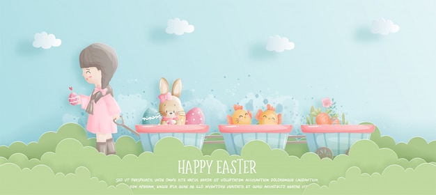 Vector happy easter banner with cute girl, bunny and easter eggs in paper cut style  illustration.