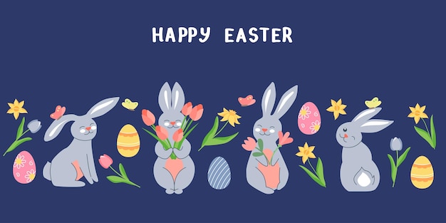 파란색 배경에 귀여운 봄 토끼와 꽃을 가진 행복한 부활절 배너 부활절 만화 토끼