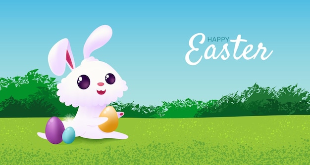 Happy Easter banner with cute white bunny and eggs Vector illustration with cartoon rabbit