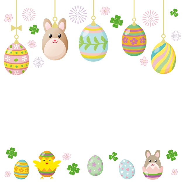 Happy Easter banner with decorated eggs and cute bunny Vector illustration