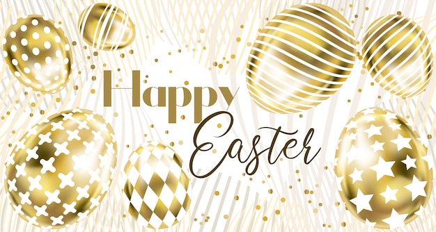 Vector happy easter banner with golden eggs