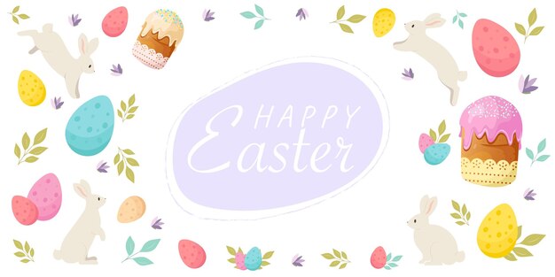 Happy easter banner with rabbits easter eggs and easter cakes Easter day