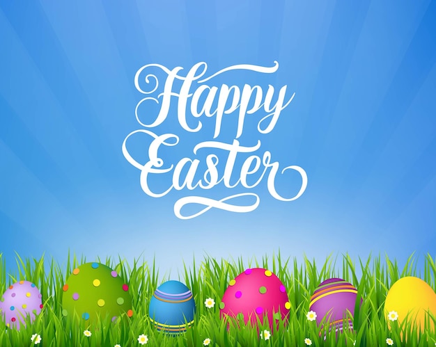 Vector happy easter banner with text and green grass border with easter eggs