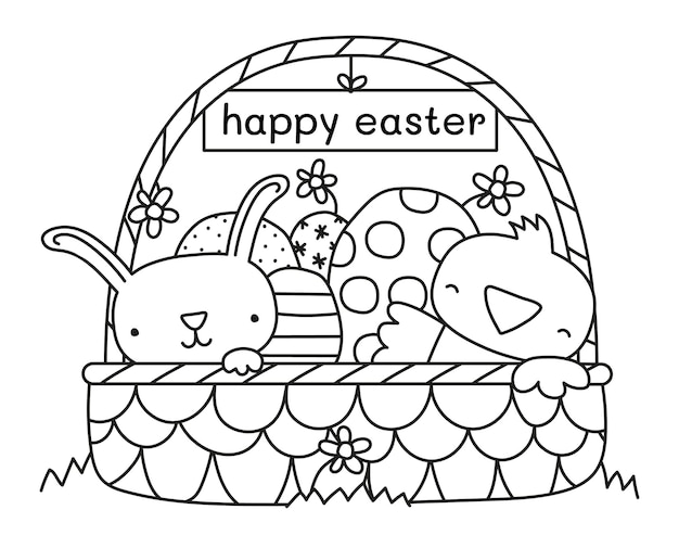 Happy easter basket with bunny and chick vector illustration