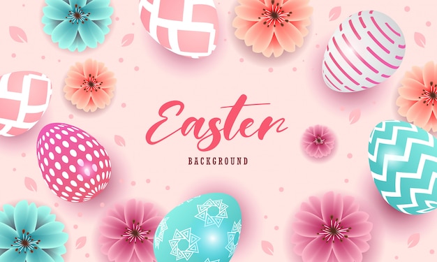 Vector happy easter beautiful design with eggs and flowers