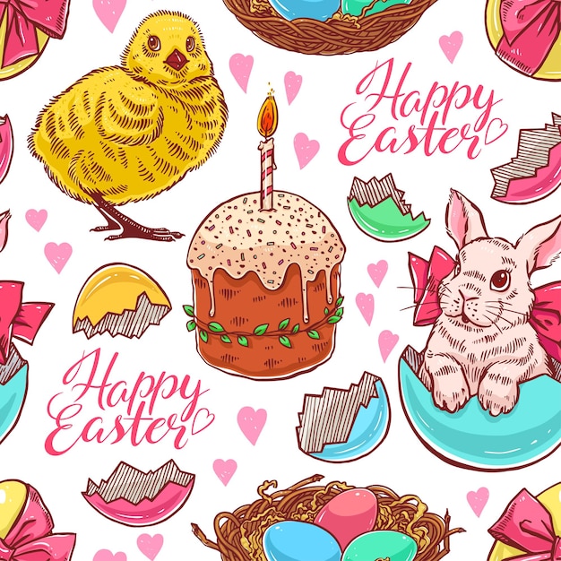 Happy easter. beautiful seamless easter background with rabbits and chickens. hand-drawn illustration