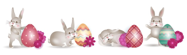 Vector happy easter bunnies banner met konijnen eieren en bloemen set van schattige hazen in verschillende poses op witte achtergrond voor wenskaarten banners uitnodiging vectorillustratie