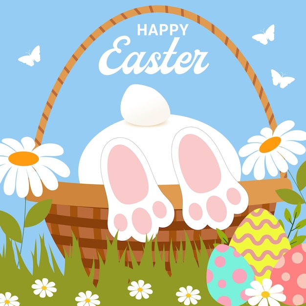 Happy easter bunnies design cute easter bunny in egg basket easter concept for banners posters
