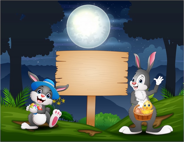 Happy easter bunnies with wooden blank sign in the forest