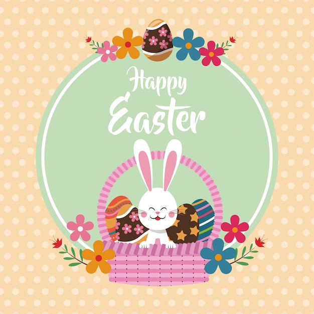 Vector happy easter bunny in basket egg floral dots background