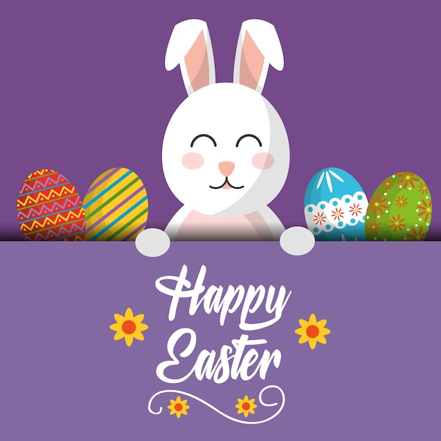 Happy easter bunny greeting card with colored eggs