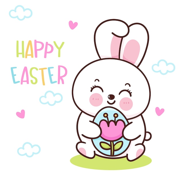 Vector happy easter bunny with a blue egg and the words happy easter on a white background