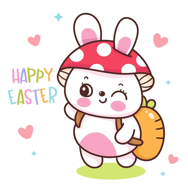 Vector happy easter bunny with a mushroom and the word happy easter on the white background