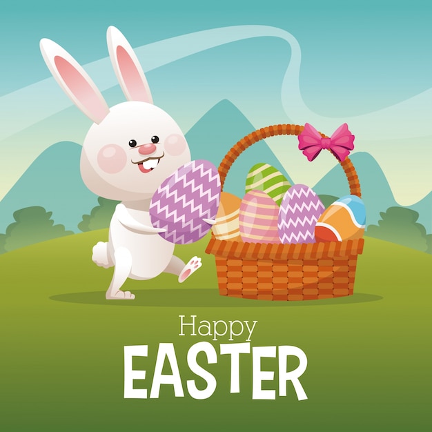 Vector happy easter card bunny collecting egg landscape