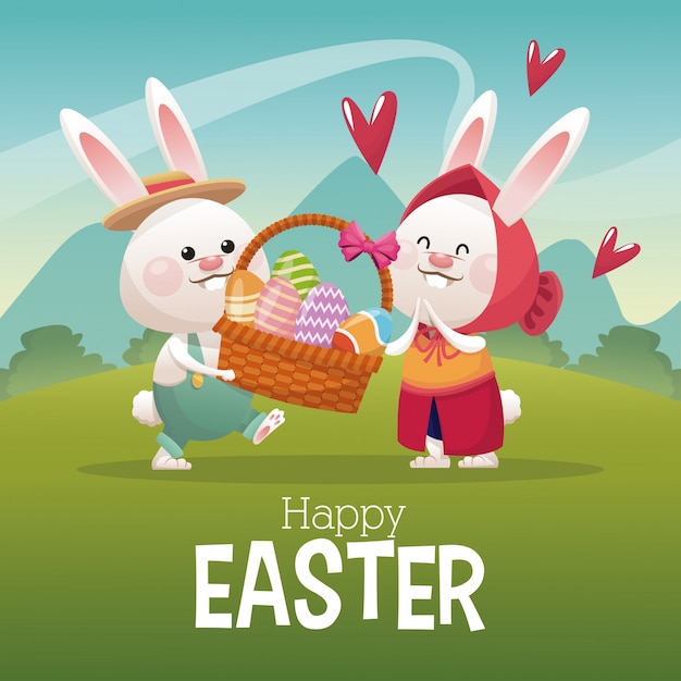 Happy easter card couple bunny basket egg