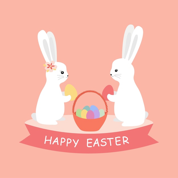 Happy easter card Illustration with cute bunnies and eggs Vector illustration isolated on pink background