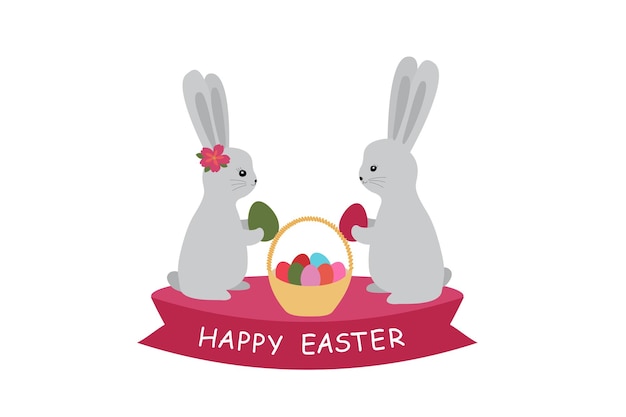 Happy easter card Illustration with cute bunnies and eggs