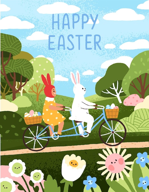 Happy Easter card Kids postcard design for spring holiday Cute bunny fairy rabbit kawaii fairytale character and child on bicycle with eggs Modern colored childish flat vector illustration