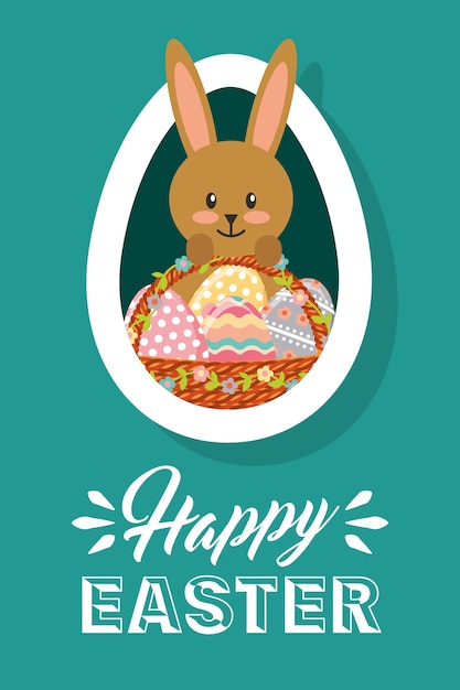 Happy easter card rabbit with basket eggs oval frame