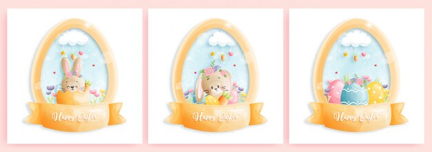 Happy easter card set with cute bunnies in egg shape.