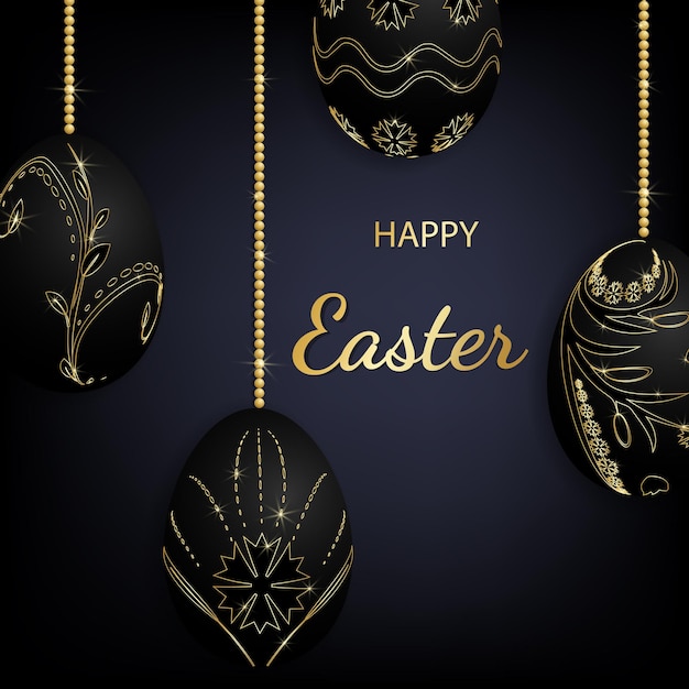 Modello di carta di buona pasqua con uova appese nere e dorate