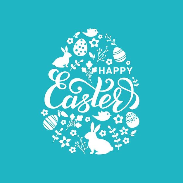 Happy Easter card with bunny Easter eggs and flowers happy easter lettering