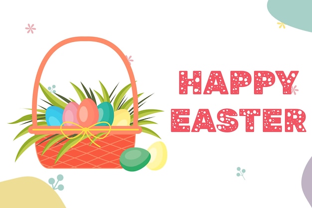 Happy Easter card with colorful eggs in basket for egg hunt party