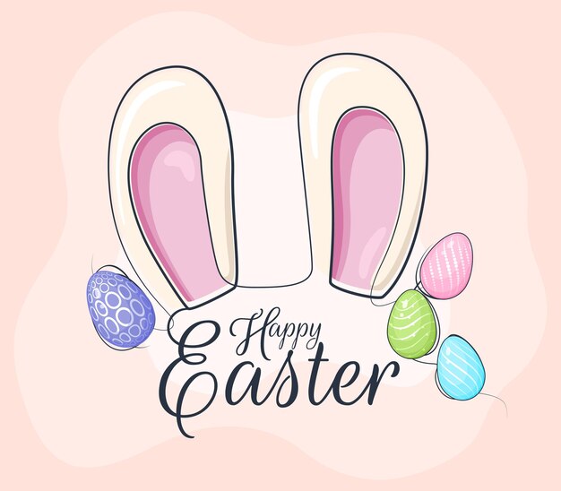 Счастливая пасхальная открытка с разноцветными яйцами и кроличьими ушками