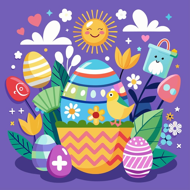 Happy easter card with colorful eggs and spring flowers vector illustration graphic design