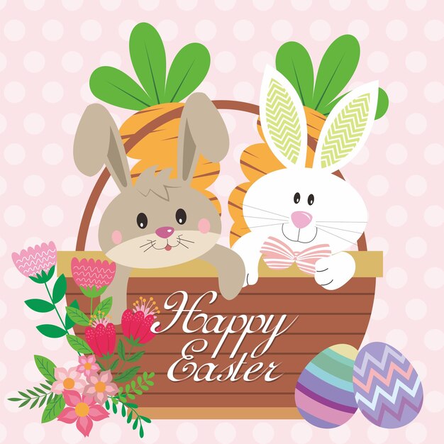 Happy Easter card with cute bunny and carrot in the basket