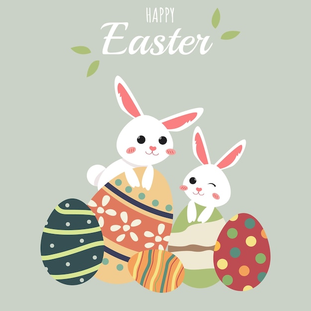 Happy easter card with a cute bunny and eggs.