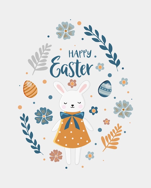 happy easter card with cute rabbit eggs flowers holiday easter illustration in cartoon style